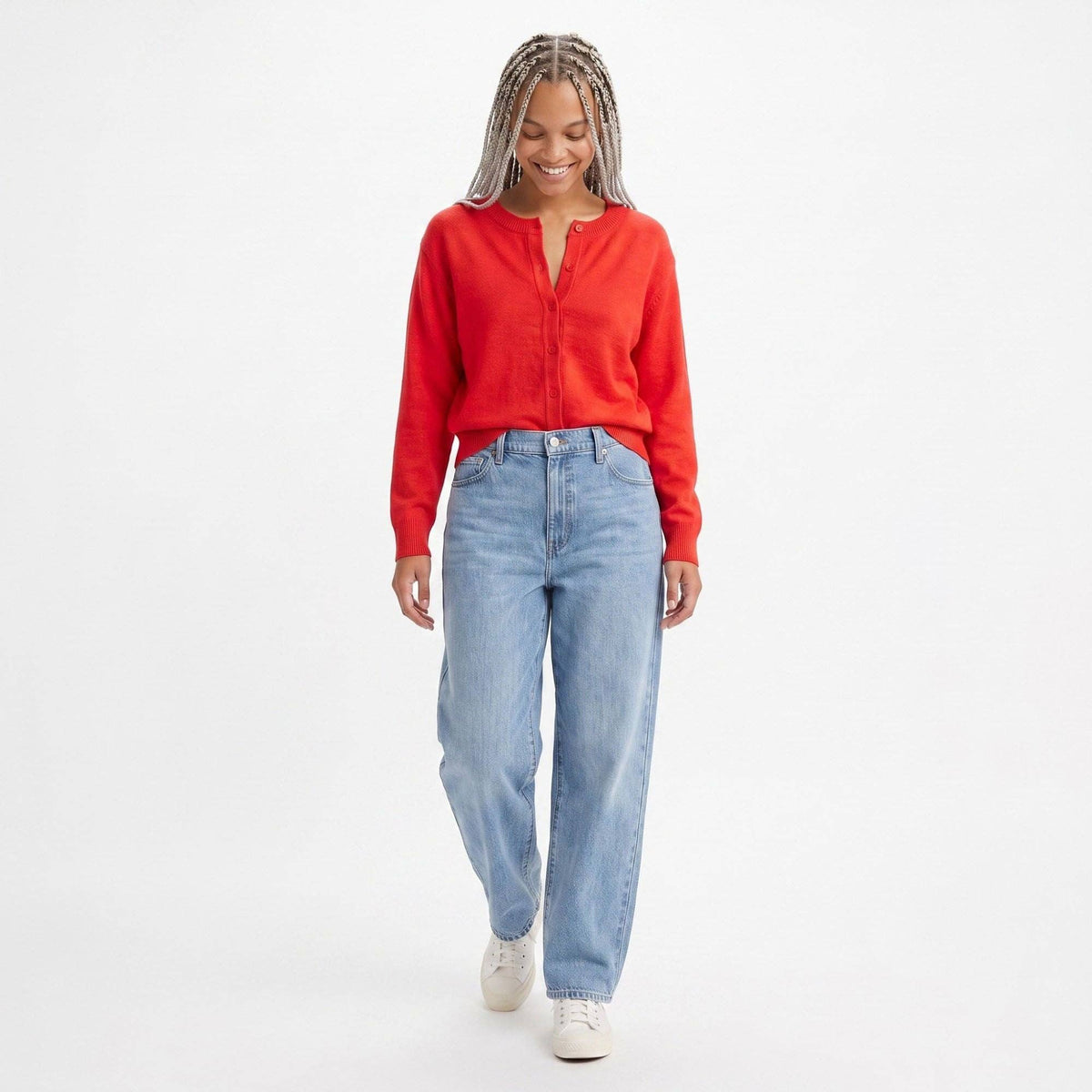 Crewneck Button-Front Knit Cardigan Sweater: Red / Small