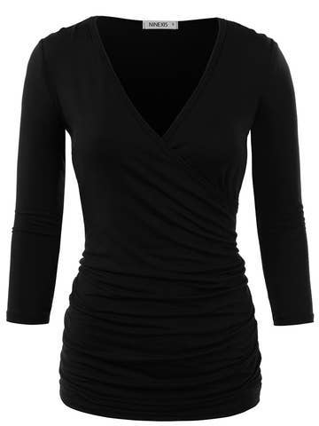3/4 Sleeve Tank Tops Deep V-Neck Surplice Wrap: Black / (M) 1