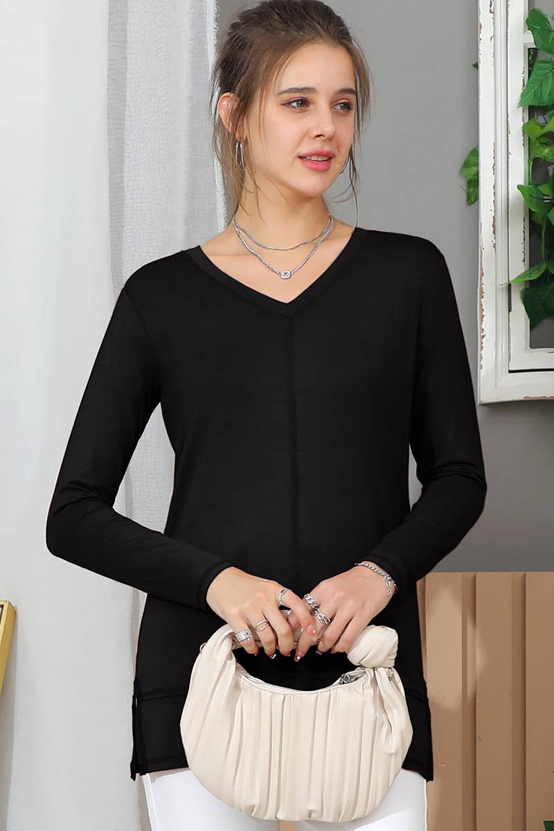 CWTTL1473_Casual V-Neck Loose Fit Long Sleeve Tops: NAVY / (XL) 1