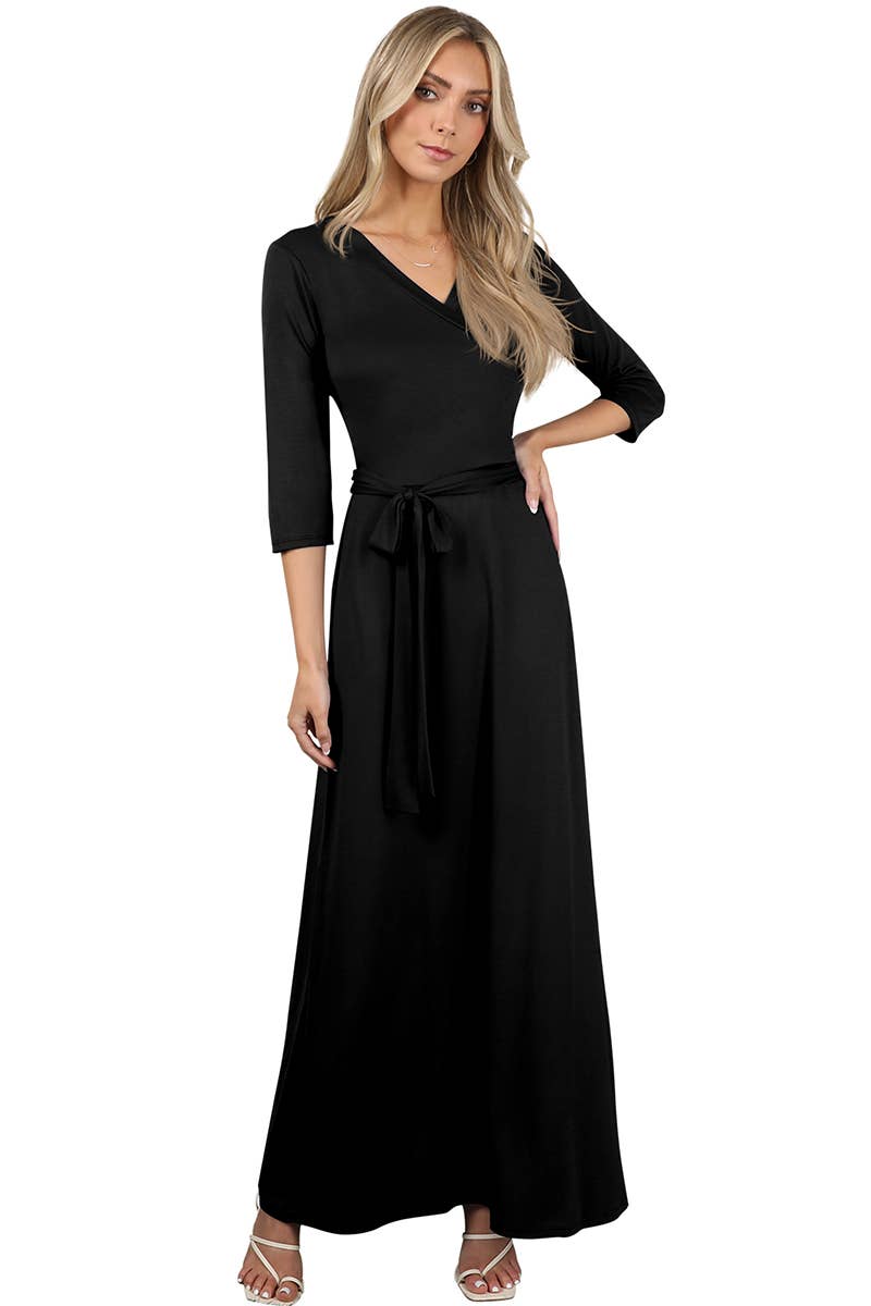 AWDMD283_3/4 Sleeve Knit Long Dress: Black / (M) 1