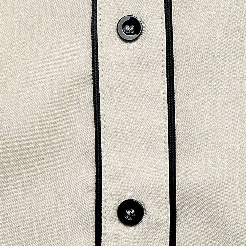 Women's Balloon Sleeve Contrast Trim Button Down Blouse: Beige / 97% Polyester+3% Elastane / S