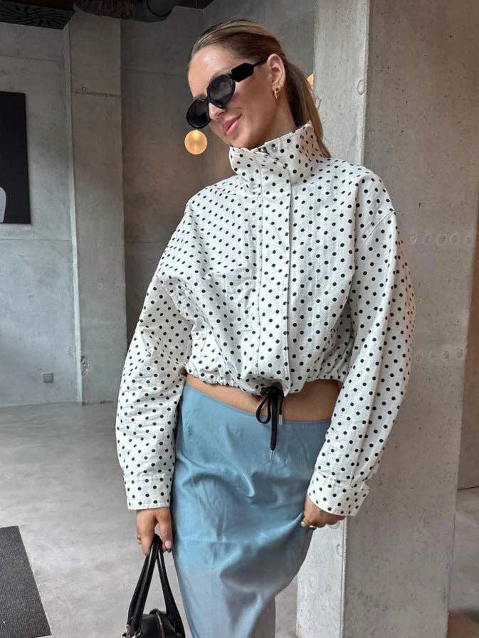 Polka Dot Woven Jacket Trendy Zip Up Stand Collar: White / 100%Polyester / S
