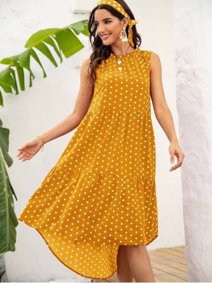 POLKA DOT RUFFLE HEM MIDI DRESS: Blue / S