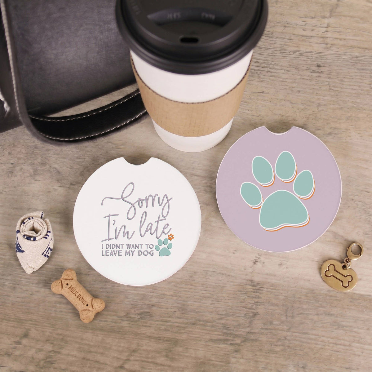 Sorry Late Paw Print Dog Car Coaster Set