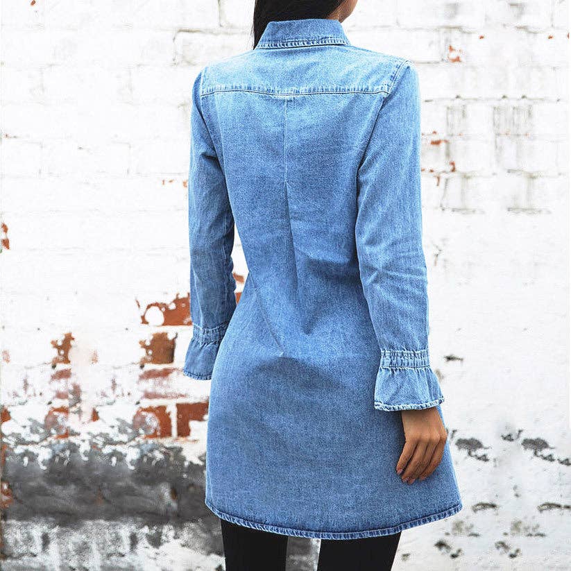 Vintage Denim Shirt Dress Long Sleeve Slim Fit Women: Blue / 90% Cotton+10% Polyester / M