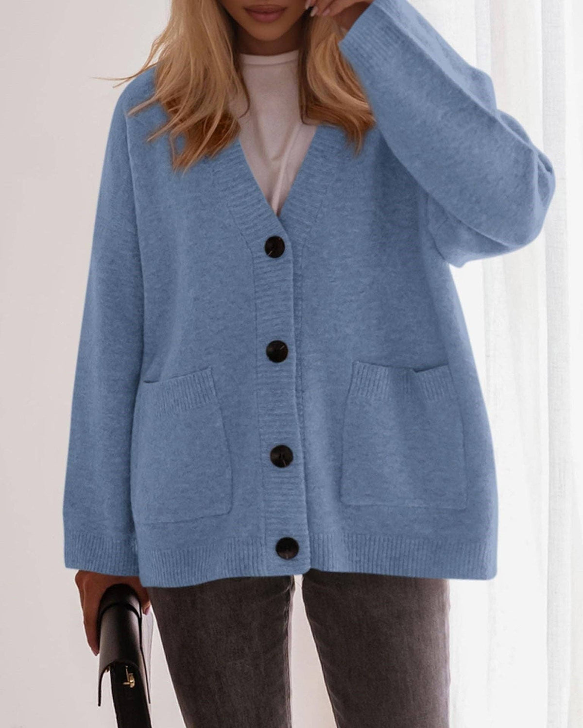 Oversized Button Front Pocket Knit Cardigan: Blue / 65%Polyester+30%Viscose+5%Elastane / S