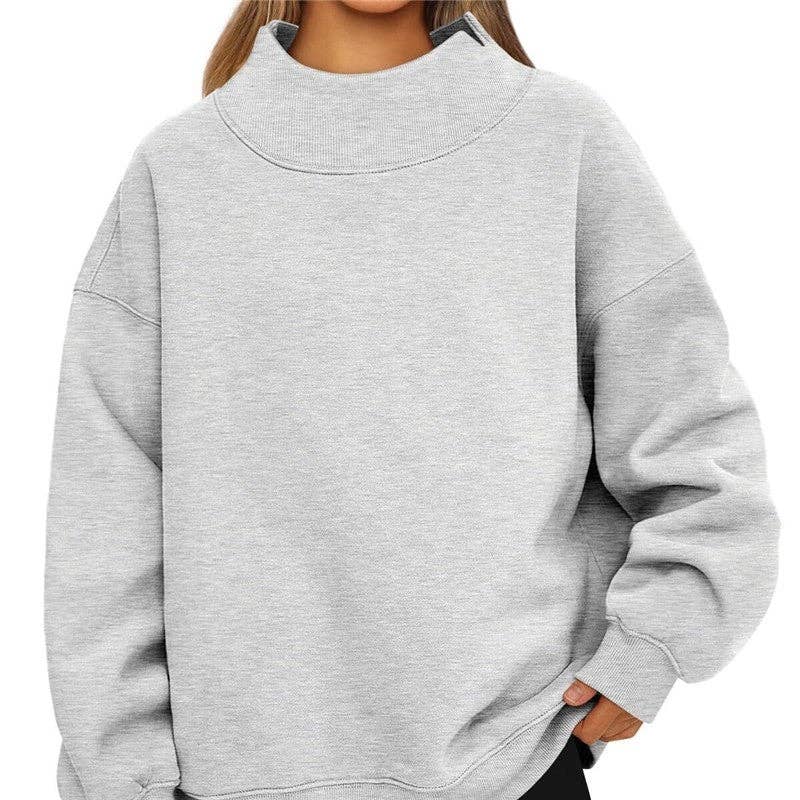 Solid Color High Neck Fleece Sweatshirt: GRAY BLUE / S