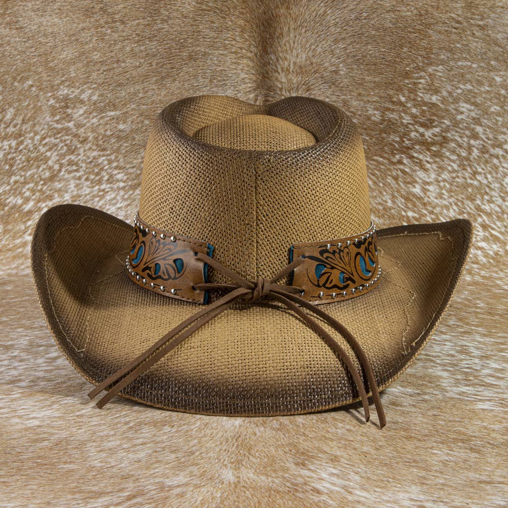 Studded Tooled Band Western Cowboy Hat: BK