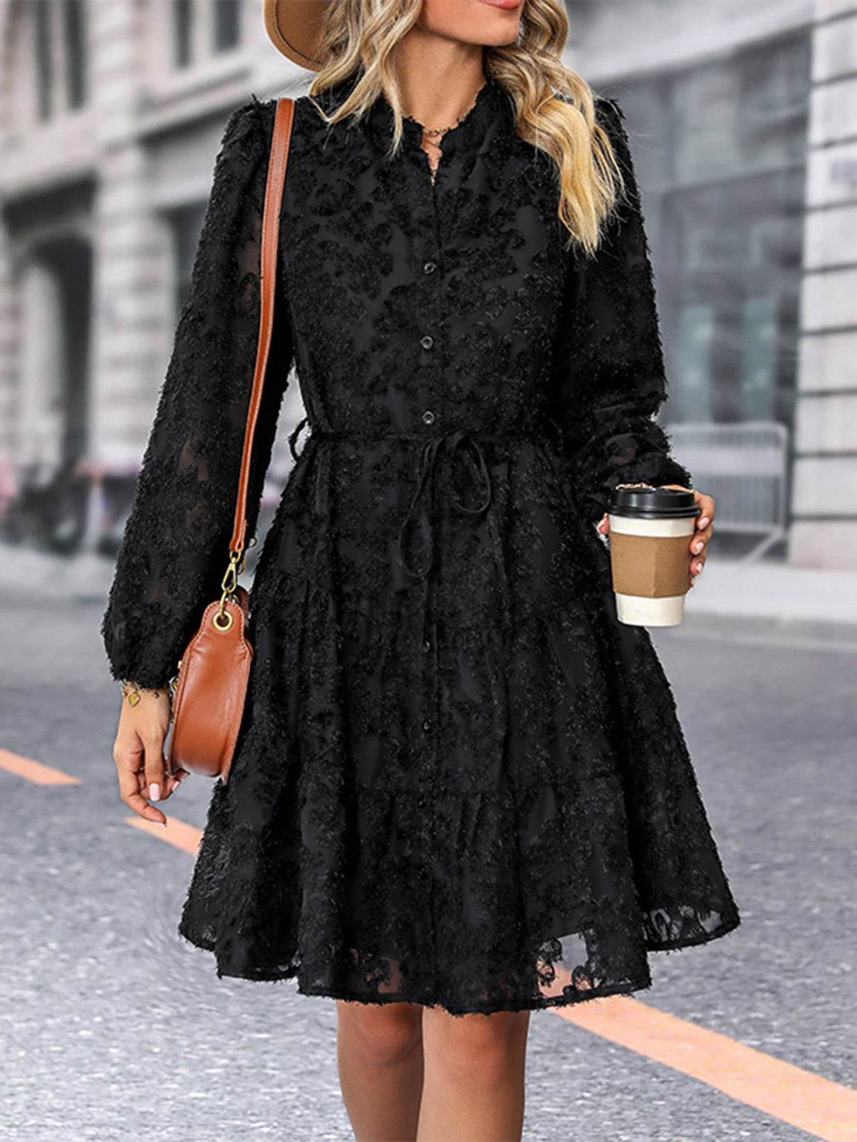 Long Sleeved Lace Jacquard Dress: Beige / M