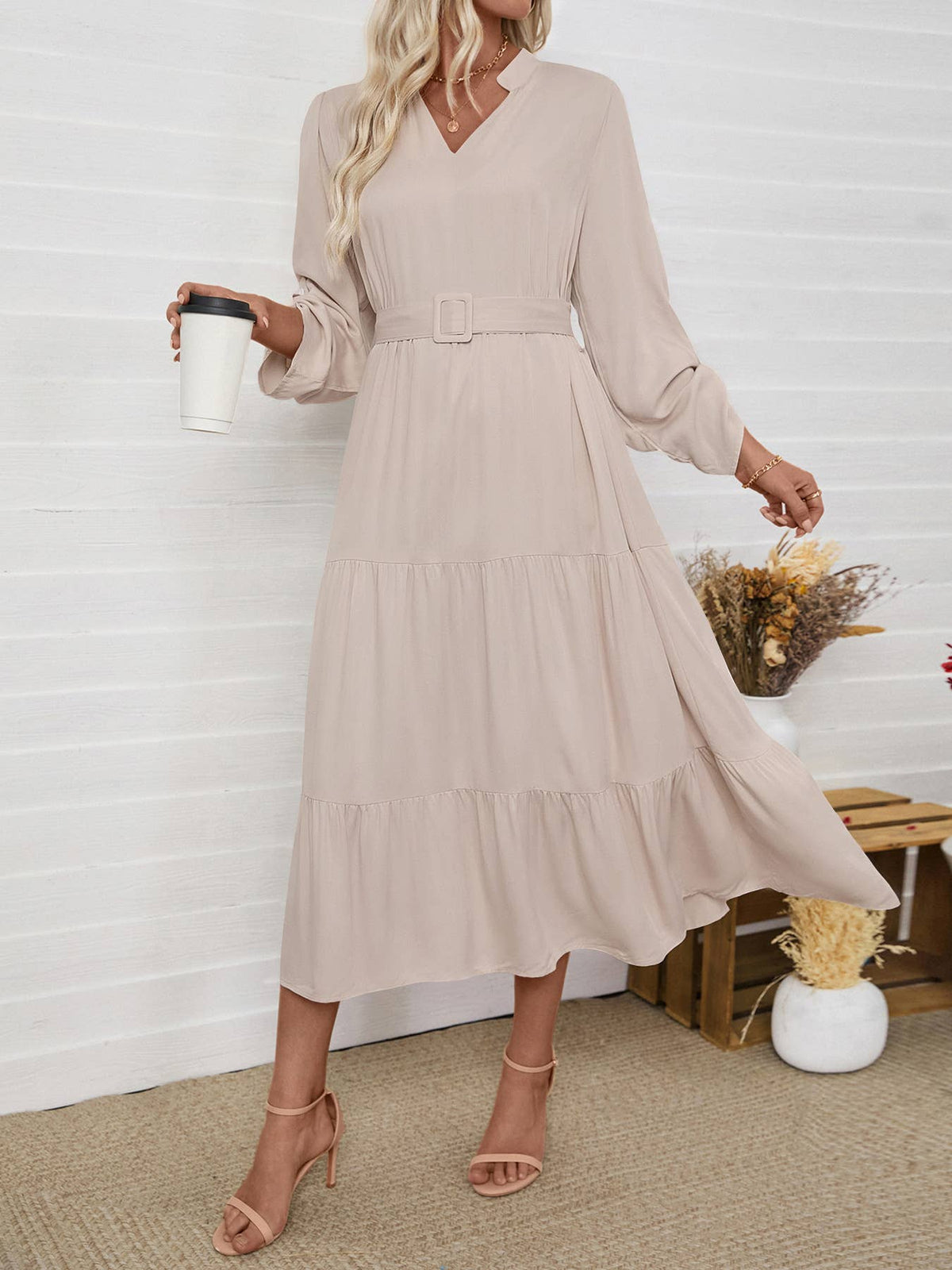 Casual,simple elegant stand-up collar long dress: APRICOT / (XL) 1