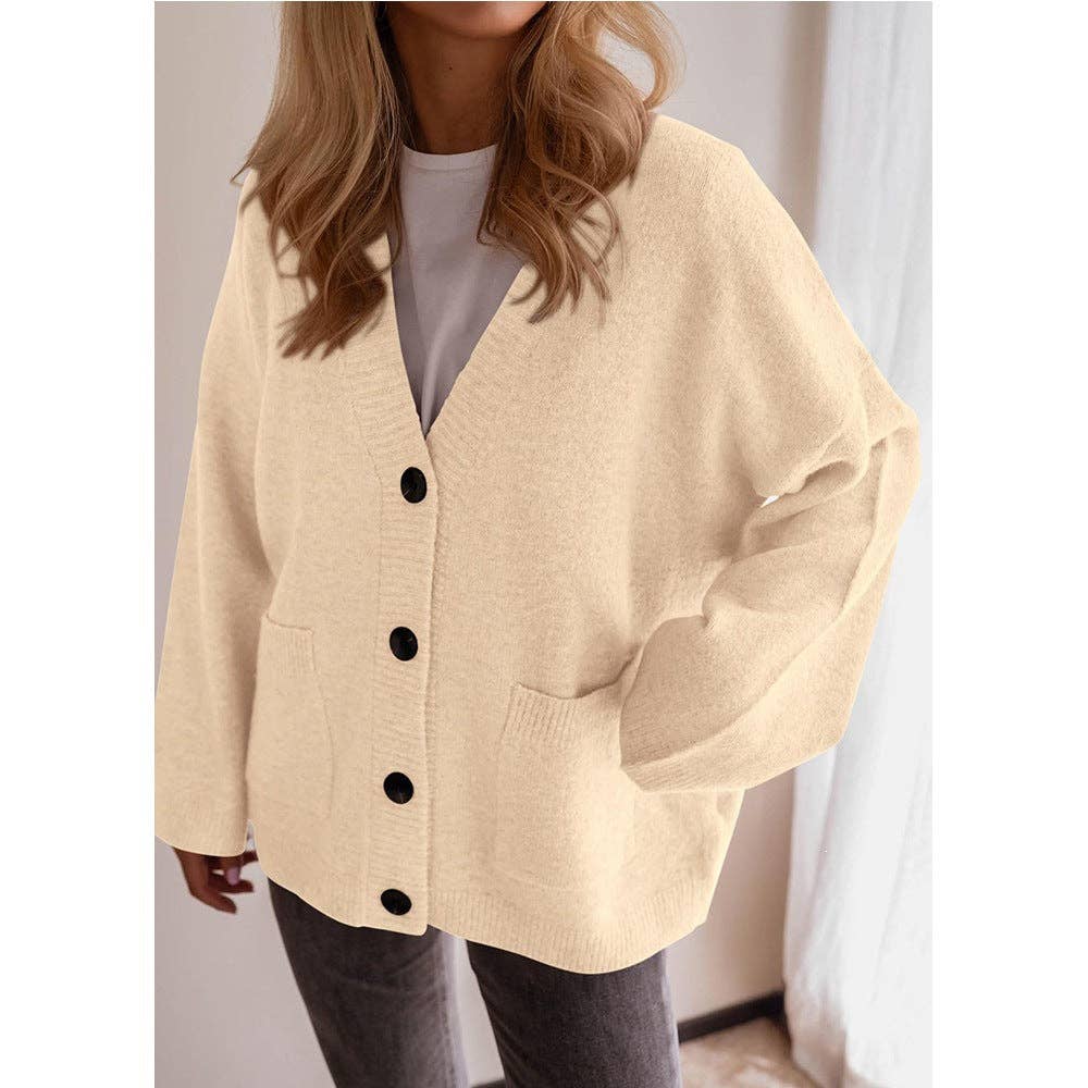 Oversized Button Front Pocket Knit Cardigan: Blue / 65%Polyester+30%Viscose+5%Elastane / S