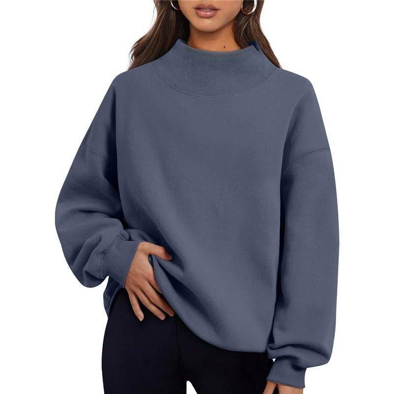 Solid Color High Neck Fleece Sweatshirt: GRAY BLUE / S