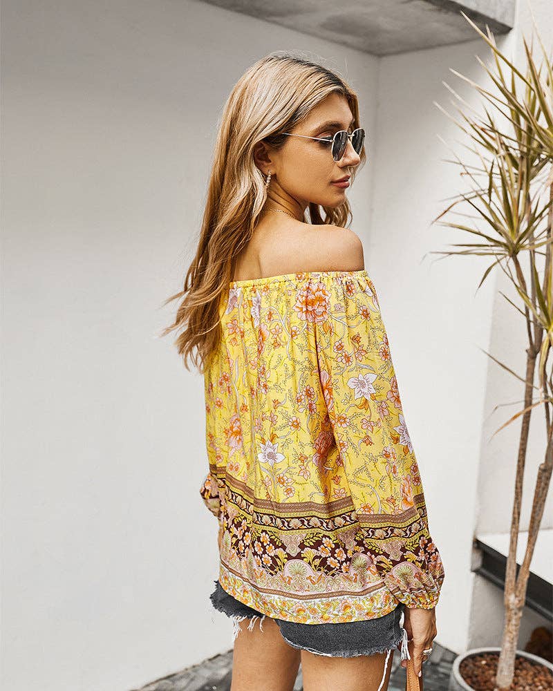 FLORAL LONG SLEEVE BLOUSE: Navy / XL