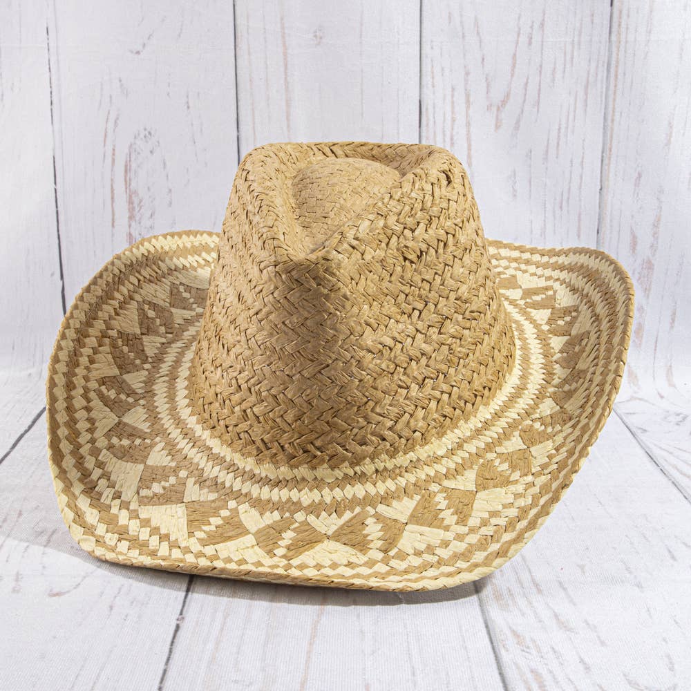 Aztec Patterned Brim Two Tone Straw Cowboy Hat: BR