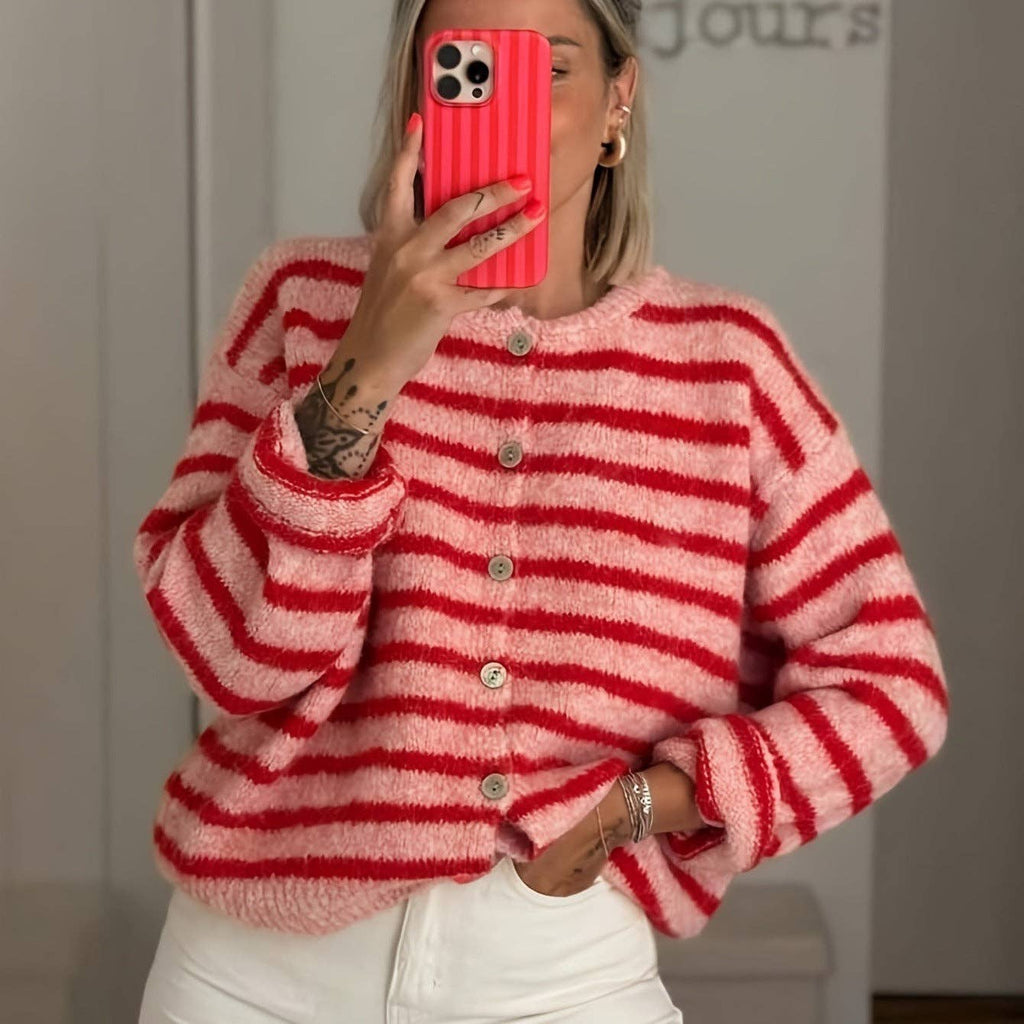 Striped Button Front Oversized Knit Cardigan: Red / 65%Polyester+30%Viscose   +5%Elastane / S