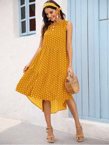POLKA DOT RUFFLE HEM MIDI DRESS: Blue / S