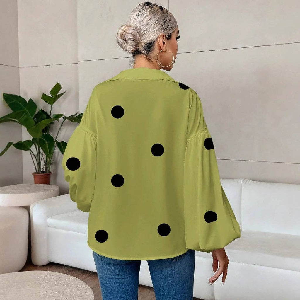 French Polka Dot Half-Open Collar Puff Sleeve Top: Black / 100% Polyester / S
