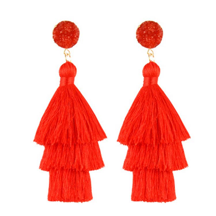 THREE LAYERED TASSEL EARRINGS: Red/Pink