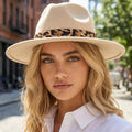 Leopard Strap Flat Brim Fedora Hat: BE