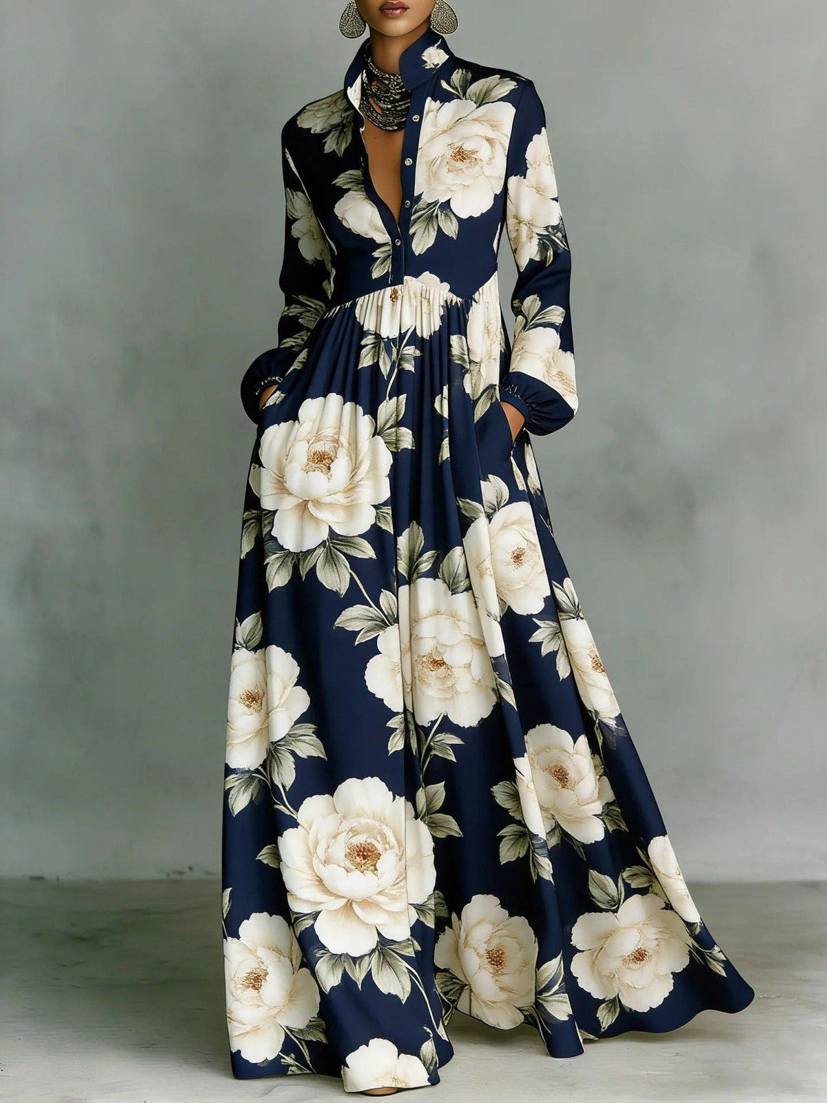 Vintage Floral Maxi Dress Long Sleeve Button Down Pockets: Brown / 100%Polyester / S