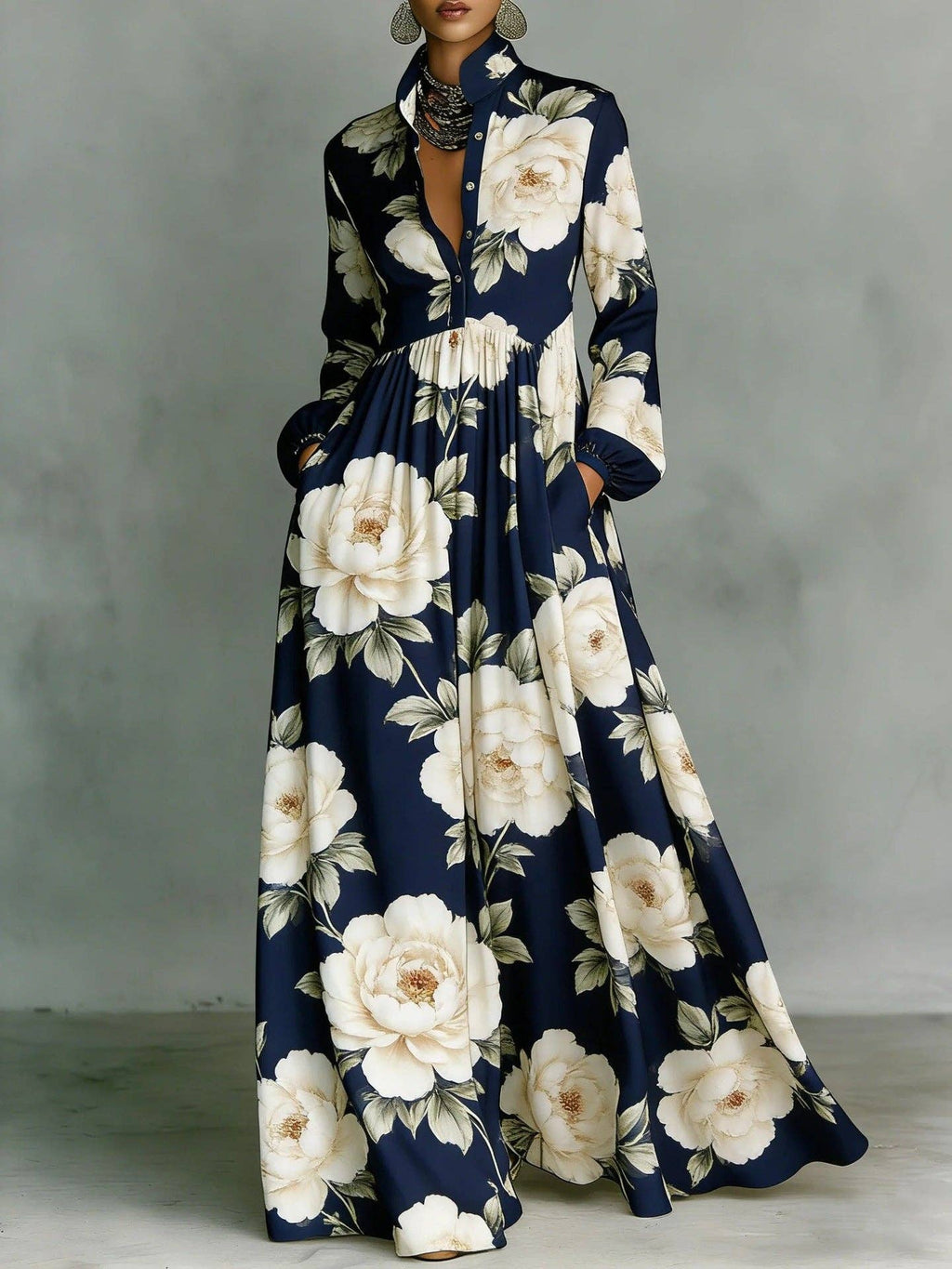 Vintage Floral Maxi Dress Long Sleeve Button Down Pockets: Brown / 100%Polyester / XL