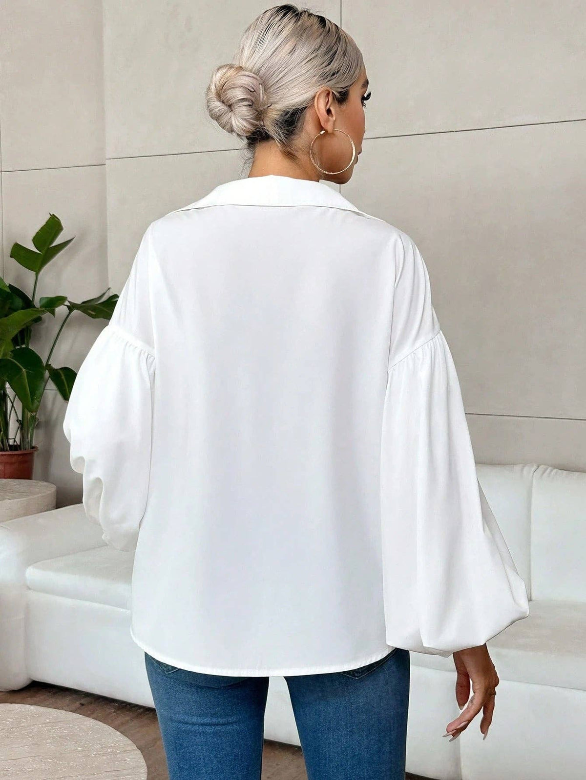 French Polka Dot Half-Open Collar Puff Sleeve Top: Black / 100% Polyester / S