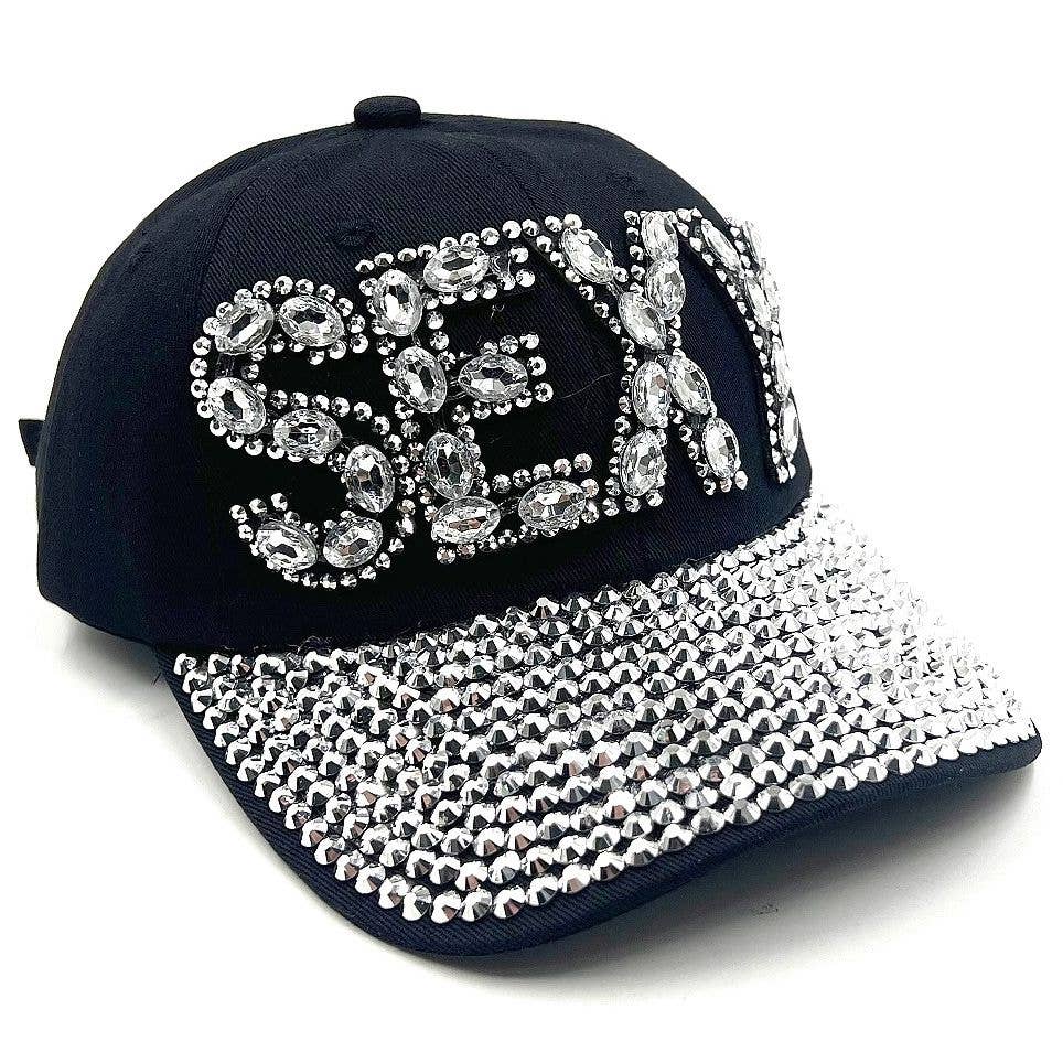 Bold SEXY Rhinestone Cap Hat: Black-Silver