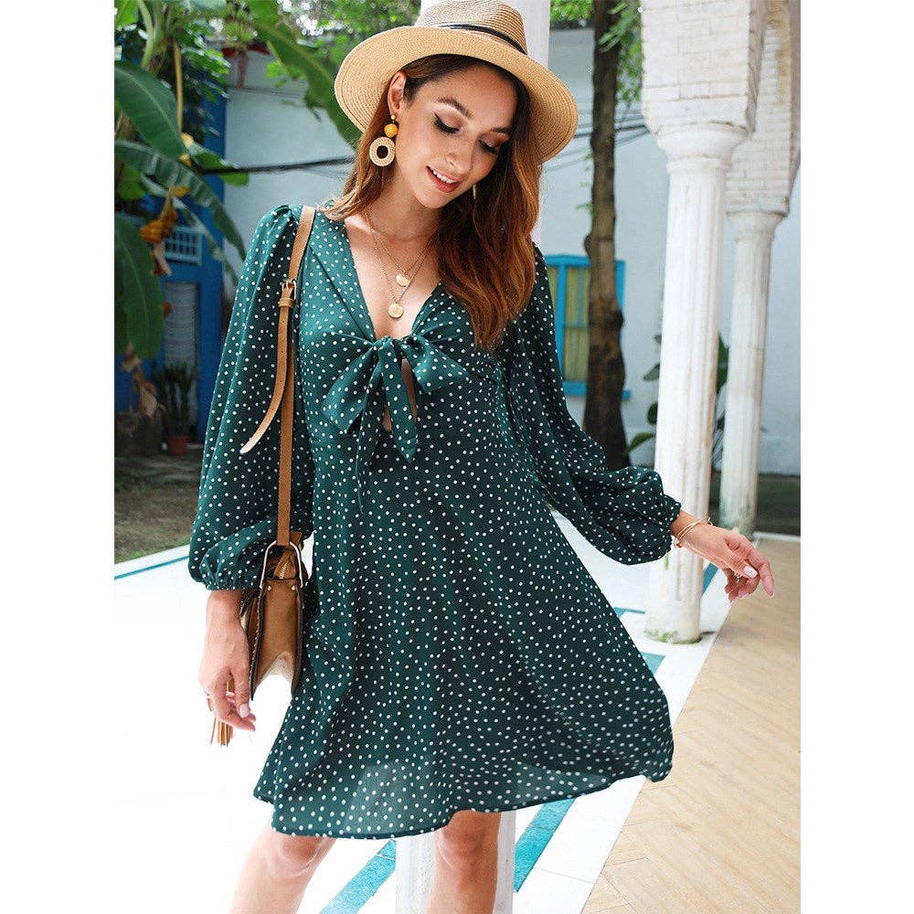 Tie Front Polka Dot Mini Dress: Black / Small