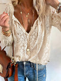 V‑Neck Lace Blouse, Loose Long Sleeve Bohemian Lace Top: Beige / L