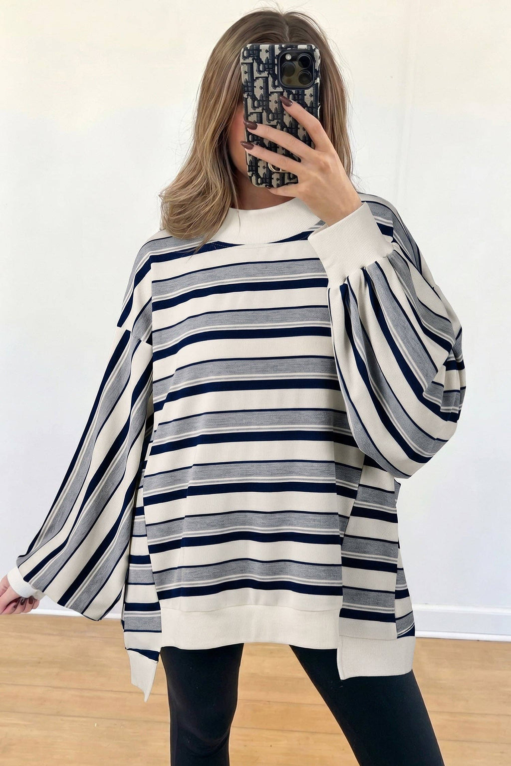 Blue Stripe Striped Ribbed Stand Neck Long Sleeve Shift Silhouette Sweatshirt: Blue Stripe / 95%Polyester+5%Elastane / S