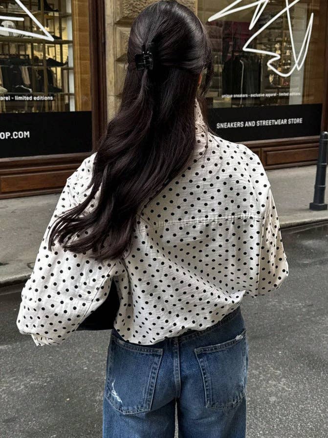 Polka Dot Woven Jacket Trendy Zip Up Stand Collar: White / 100%Polyester / S