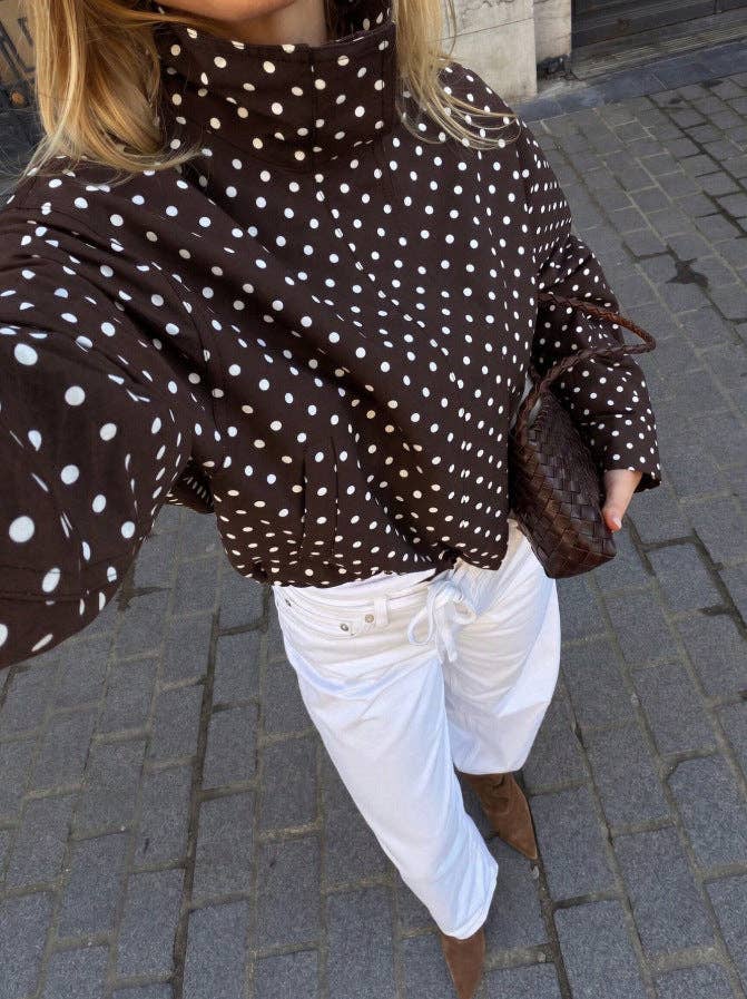 Polka Dot Woven Jacket Trendy Zip Up Stand Collar: White / 100%Polyester / S
