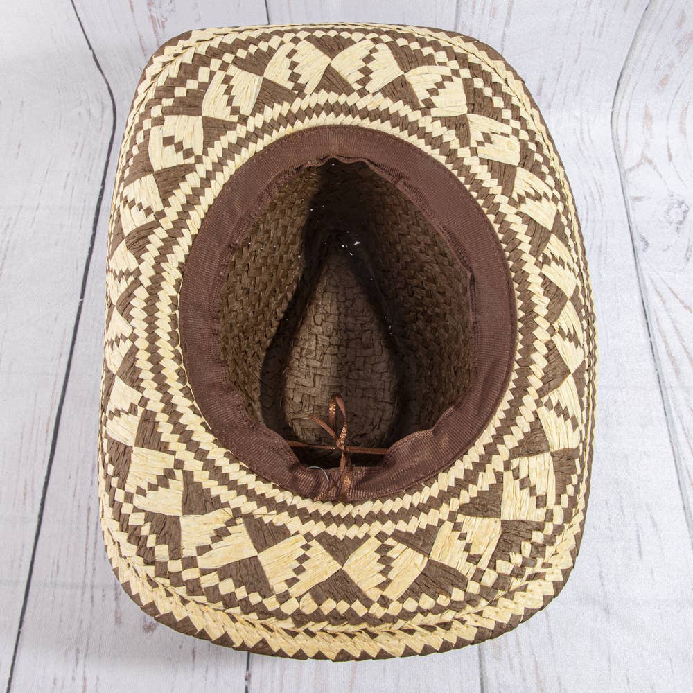 Aztec Patterned Brim Two Tone Straw Cowboy Hat: BR
