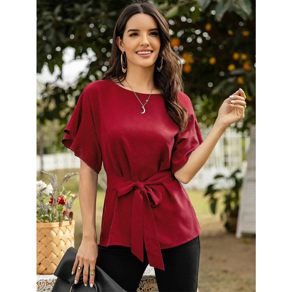 Women's Front Tie Crew Neck Blouse: Green / Large