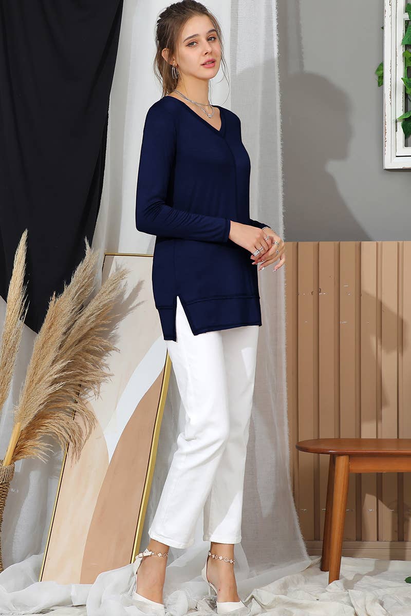 CWTTL1473_Casual V-Neck Loose Fit Long Sleeve Tops: NAVY / (S) 1