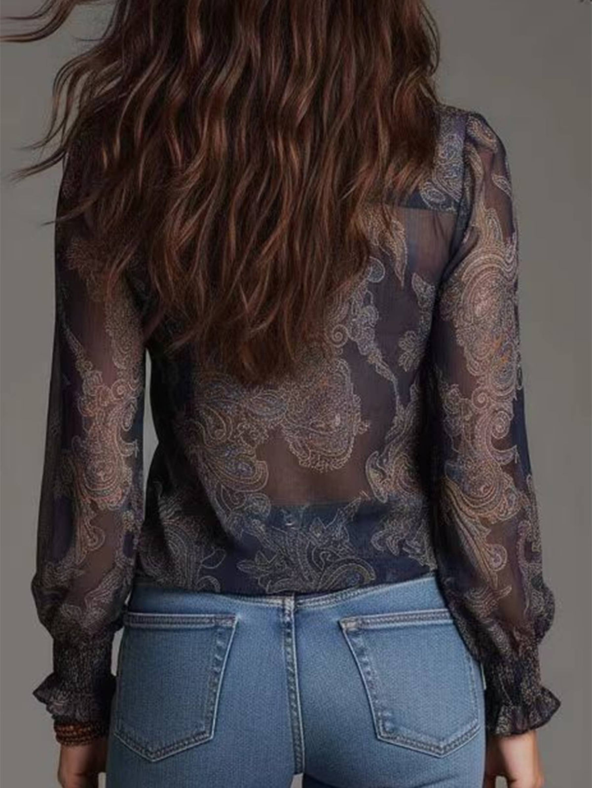 Deep V Neck Paisley Ruffled Chiffon Blouse Top: Red / XL
