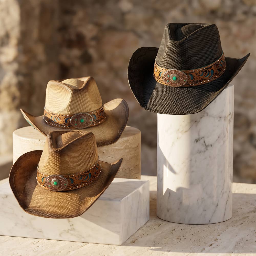 Studded Tooled Band Western Cowboy Hat: BK