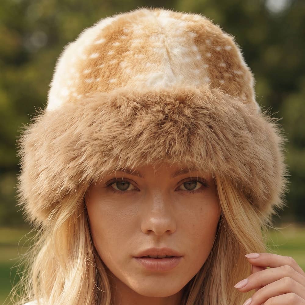 Deer Fawn Print Marled Fur Trim Bucket Hat: LBR