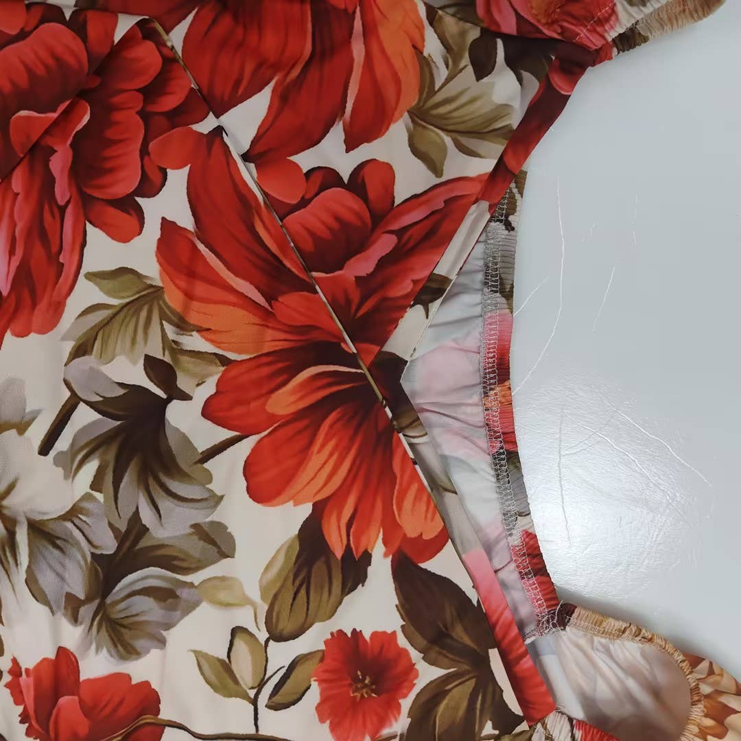 Elegant print V-neck long dress with wide skirt: Red / L