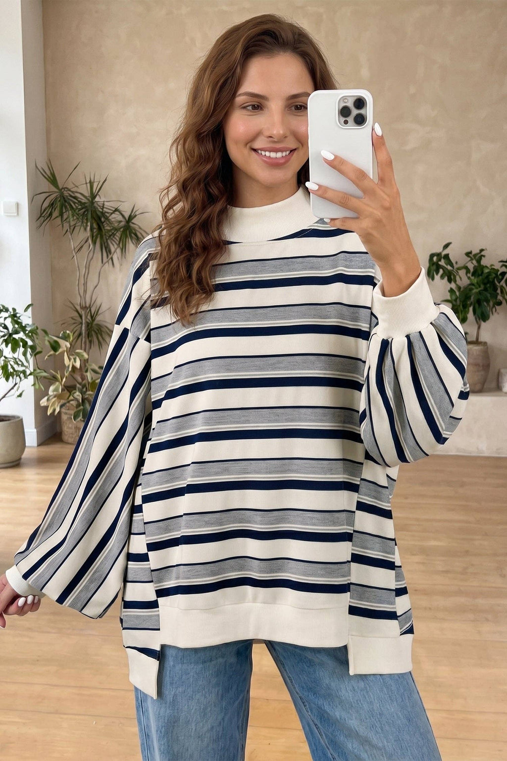 Blue Stripe Striped Ribbed Stand Neck Long Sleeve Shift Silhouette Sweatshirt: Blue Stripe / 95%Polyester+5%Elastane / S