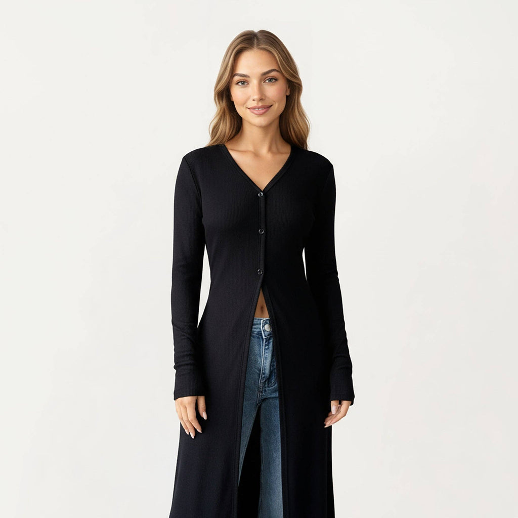Long Sleeve Maxi Cardigan with Button Front and Deep Side Sl: Black / Small 4-6