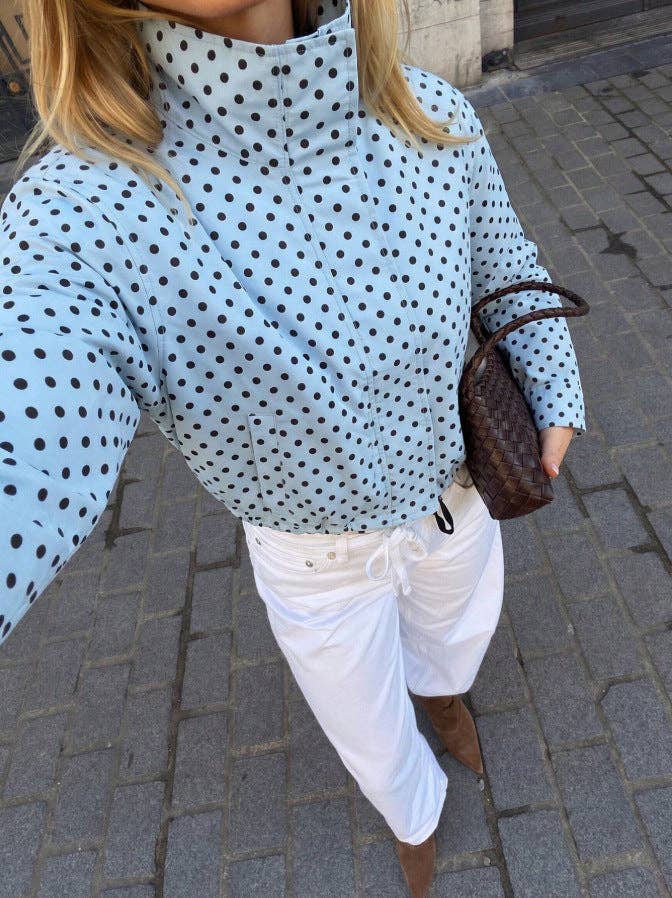 Polka Dot Woven Jacket Trendy Zip Up Stand Collar: White / 100%Polyester / S