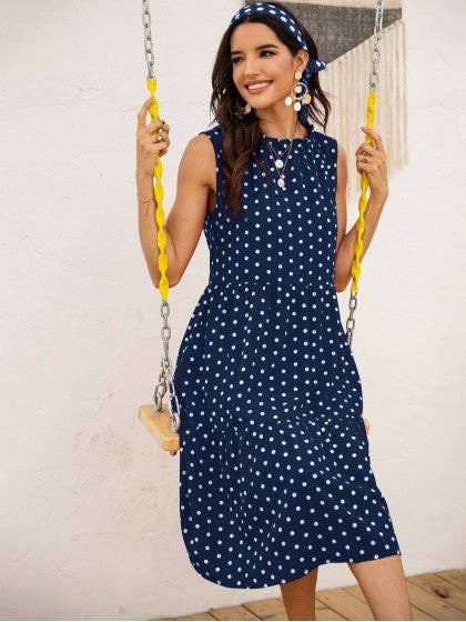POLKA DOT RUFFLE HEM MIDI DRESS: Blue / S