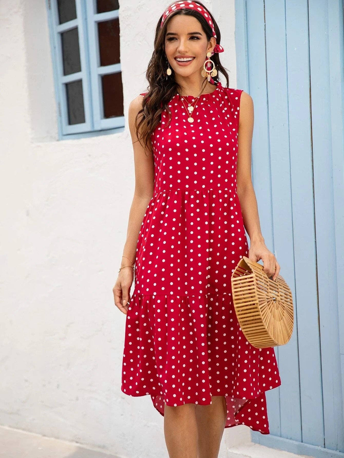 POLKA DOT RUFFLE HEM MIDI DRESS: Blue / S