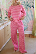 Pink Stripe Drop Shoulder Round Neck Top and Buttoned Straight Pants Two Piece Set: Rose Stripe / 95%Cotton+5%Elastane / S