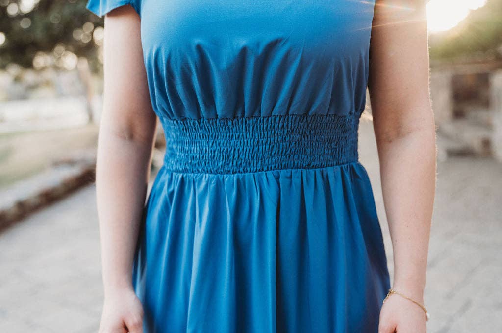 Annabelle Polka Dot  Split Maxi Dress: Light Blue / Medium