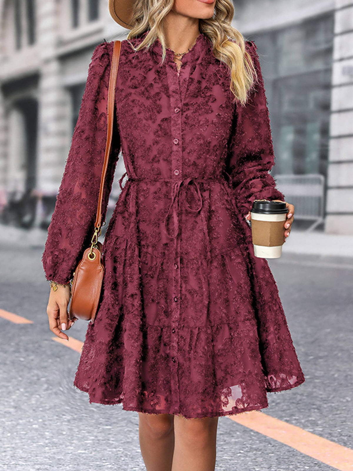 Long Sleeved Lace Jacquard Dress: Beige / L