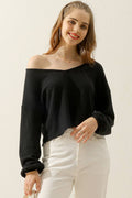 CWTTL1469_V-Neck Long Sleeve Knit Top: Black / (XL) 1