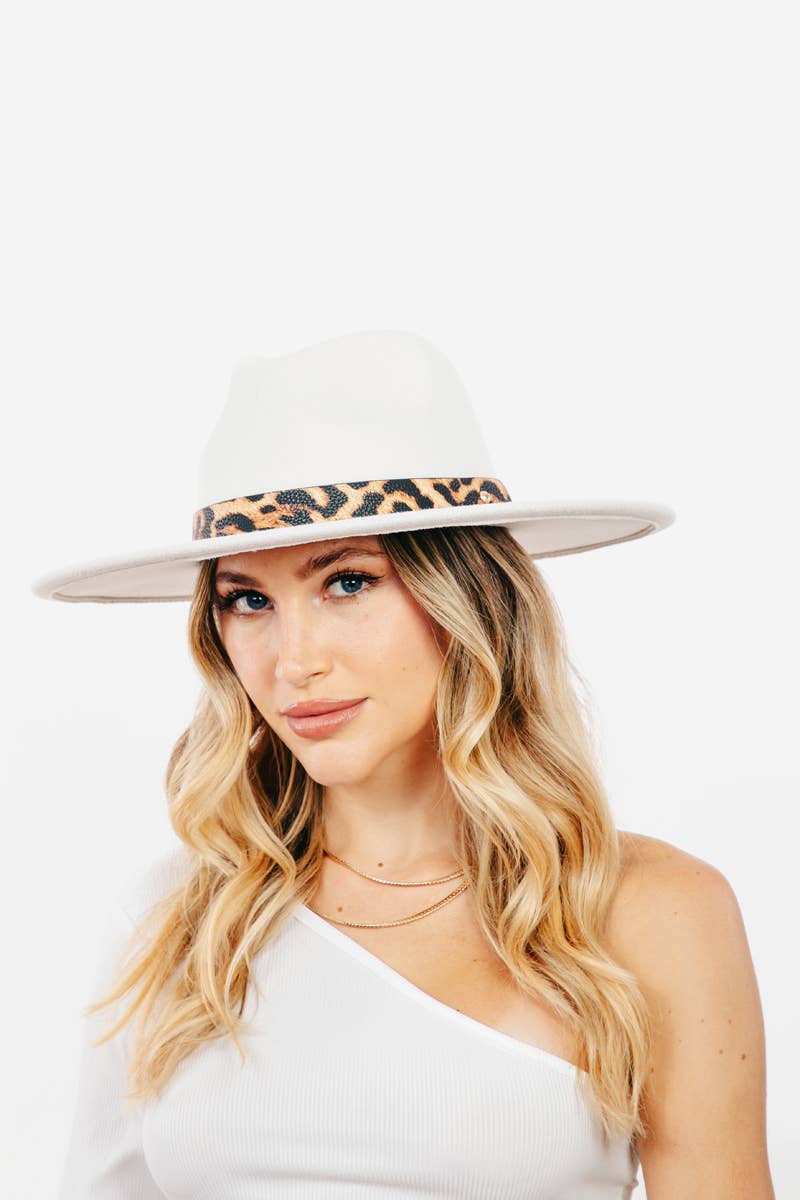 Leopard Strap Flat Brim Fedora Hat: BE