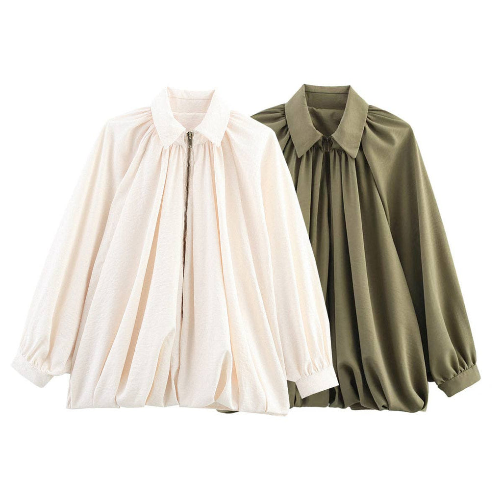 Pleated Collar Long Sleeve Jacket: Apricot / S